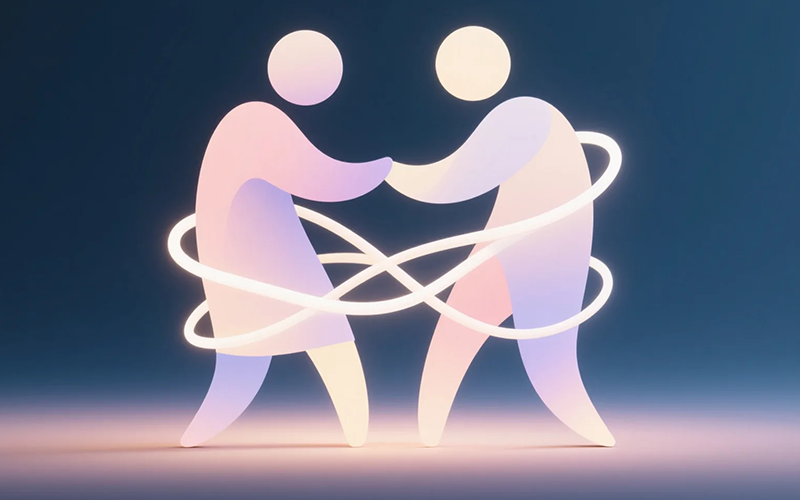 “Abstract illustration of two figures connected by flowing lines, symbolizing emotional intimacy and human connection.”
