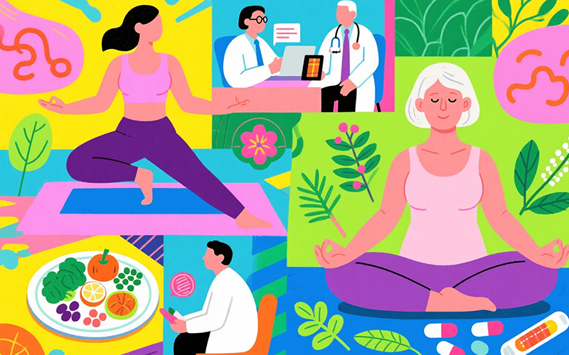 Collage image depicting methods to manage menopause stages and symptoms, including a woman doing yoga, a plate of healthy food, a doctor - patient consultation, and a woman meditating with herbal supplements.