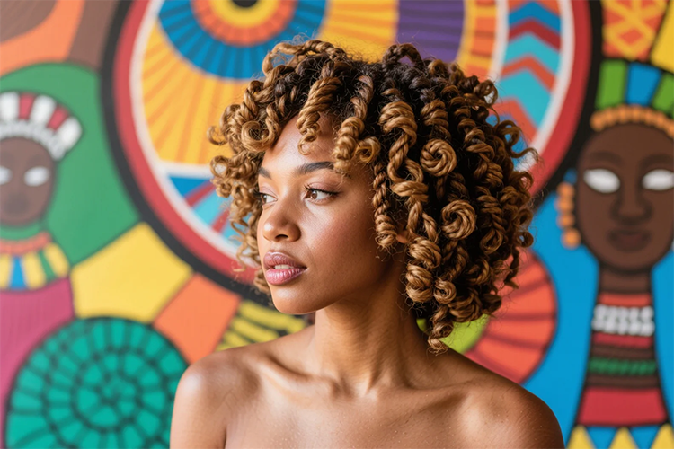 Natural hairstyles suitable for black women, like the dynamic curly updo...