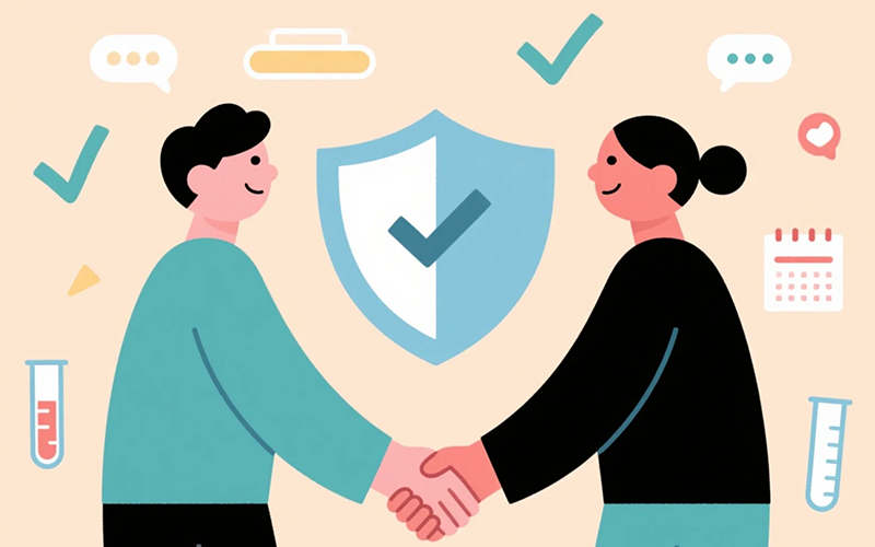 Flat illustration of a couple with a protective shield icon, symbolizing safe sex and mutual respect.