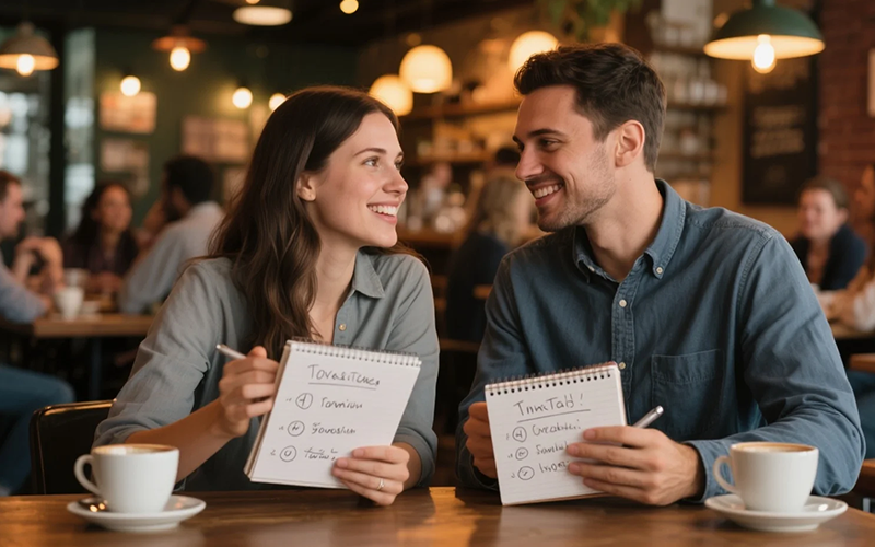 Presenting the discussion between soulmates about common values and dreams, just like the couple in the picture planning for the future, Soulmate Sketch can make you look forward to meeting people with common goals.
