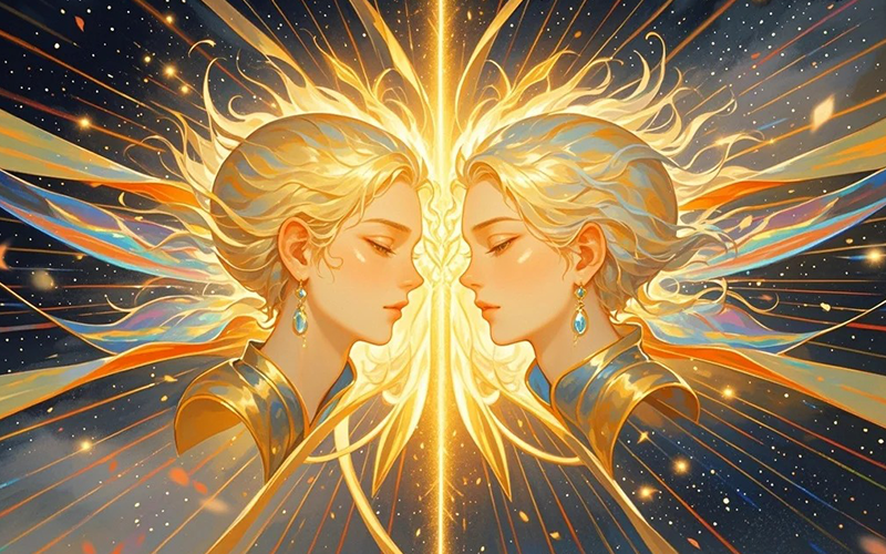 An artwork depicting a single soul splitting into two, connected by a golden thread, representing the origin and connection of twin flames.