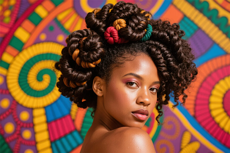 Natural hairstyles suitable for black women, like the dynamic curly updo...