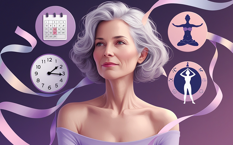 A woman in the postmenopause stage, subtly showing discomfort from vaginal dryness, with details highlighting skin and hair changes and abdominal weight gain, depicting menopause stages and symptoms.