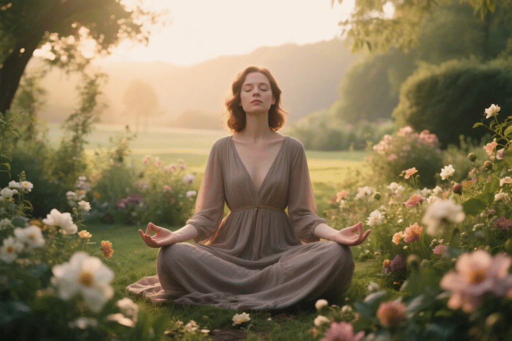 A woman practicing meditation in a serene garden, which represents effective stress management techniques that can help women look and feel younger.