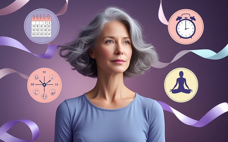 A woman experiencing symptoms of the perimenopause stage of menopause, showing signs of a hot flash with a flushed face and sweat, surrounded by symbols of irregular periods and mood swings, highlighting menopause stages and symptoms.