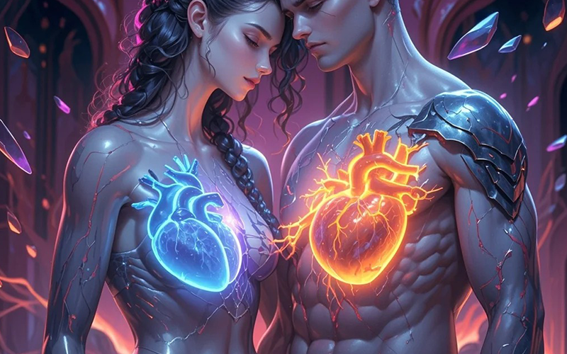 A close - up image showing two hearts with interwoven lights, one in orange for joy and one in blue for sadness, illustrating the emotional mirroring between twin flames.