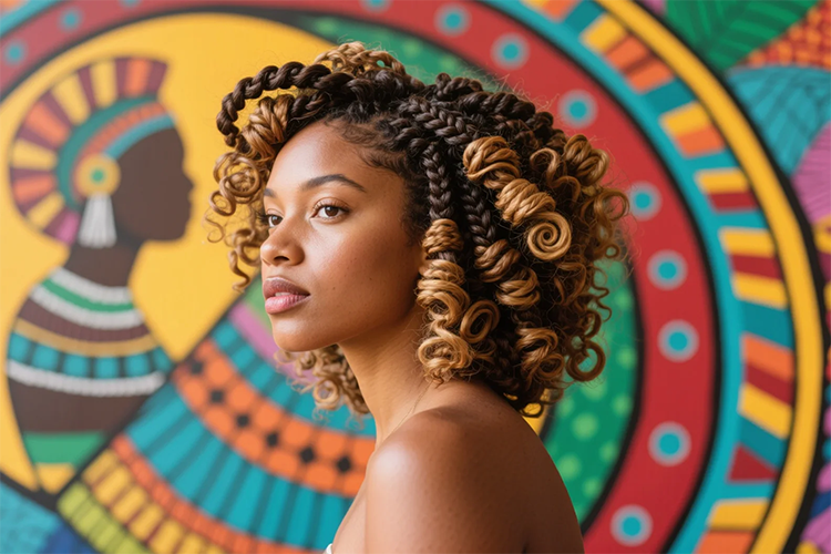 Natural hairstyles suitable for black women, like the dynamic curly updo...