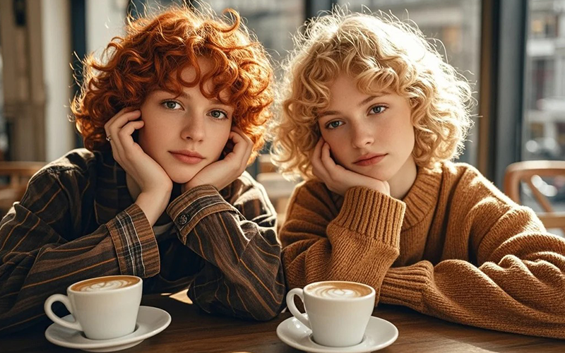 A photograph of twin flames in a café, making the same gesture and expression, highlighting the behavioral similarities of twin flames.