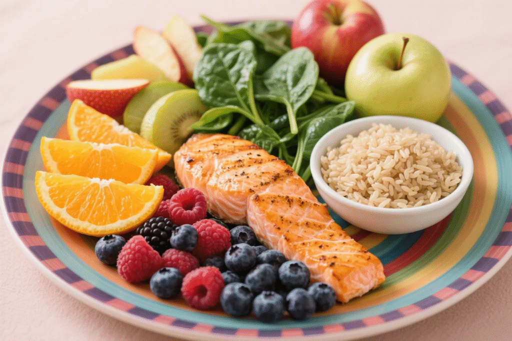 A balanced diet plate containing a rich assortment of fruits, vegetables, lean protein, and whole grains, symbolizing the essential elements of a diet that helps women look and feel younger.