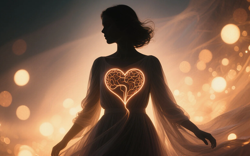 Silhouette of a woman with glowing heart and mind, representing emotional connection in intimate relationships.