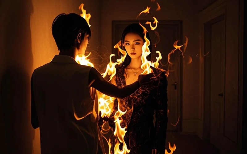 An artistic photo of twin flames in a dim room, with one facing the shadow of the other, showing the shadow mirroring aspect of twin flames.