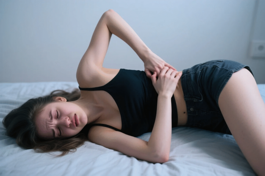 A girl in an uncomfortable and static position during masturbation, which may lead to lower back pain due to prolonged muscle strain.
