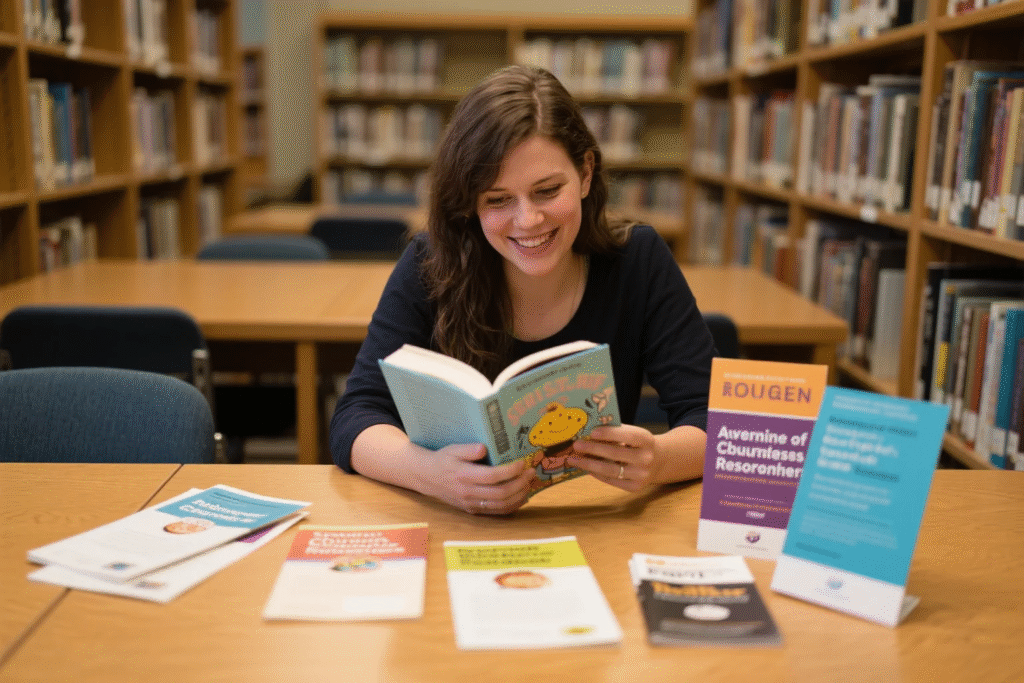 A woman absorbed in reading a book in a library, with educational materials nearby, signifying the habit of continuous learning and curiosity that keeps one feeling youthful.