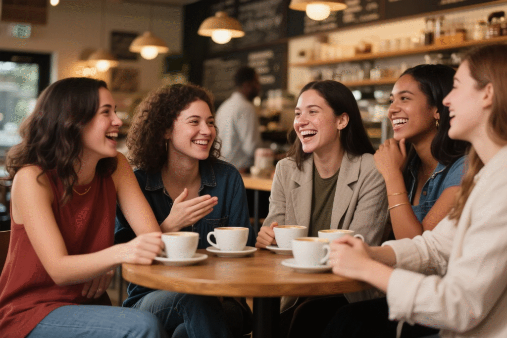 A group of women having a great time and building connections in a coffee shop, representing the importance of building and maintaining relationships for overall well - being and a youthful spirit.