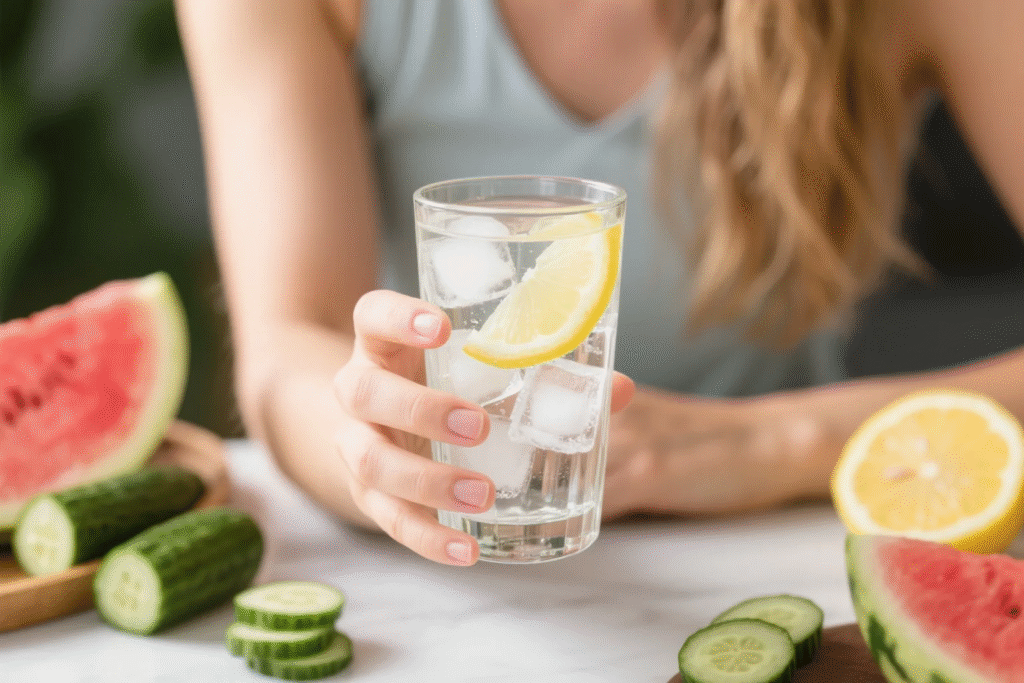 A woman about to drink a glass of water, accompanied by hydrating fruits, emphasizing the significance of staying hydrated for maintaining youthful - looking skin.
