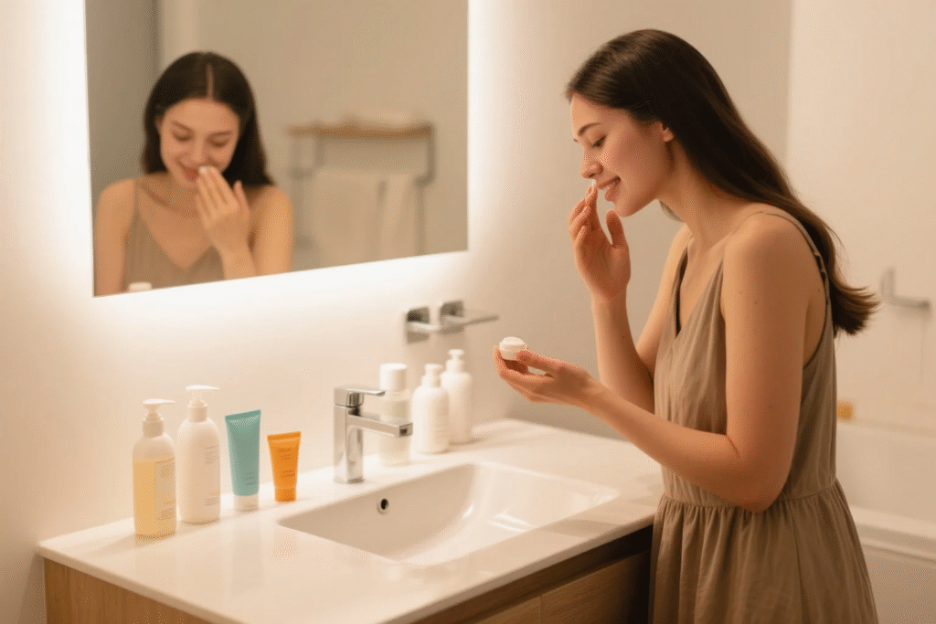 A woman performing her skincare routine by applying moisturizer, with essential skincare products nearby, highlighting the importance of consistent skincare for youthful skin.